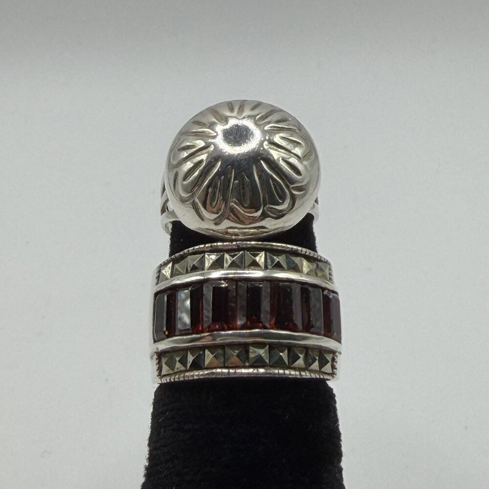 Lot of 2 Sterling Silver 925 Rings Size 4.5 Garnet Band & Floral Statement Ring